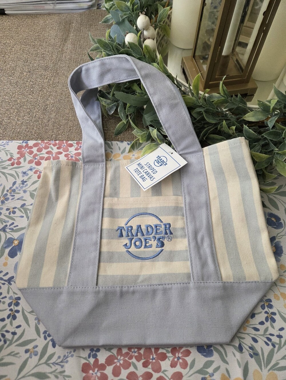 Trader Joe's Striped Canvas Tote Bag in Light Blue and Cream